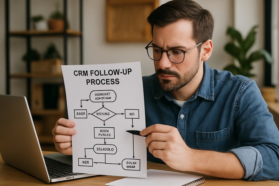 Small business owner reviewing CRM follow-up process