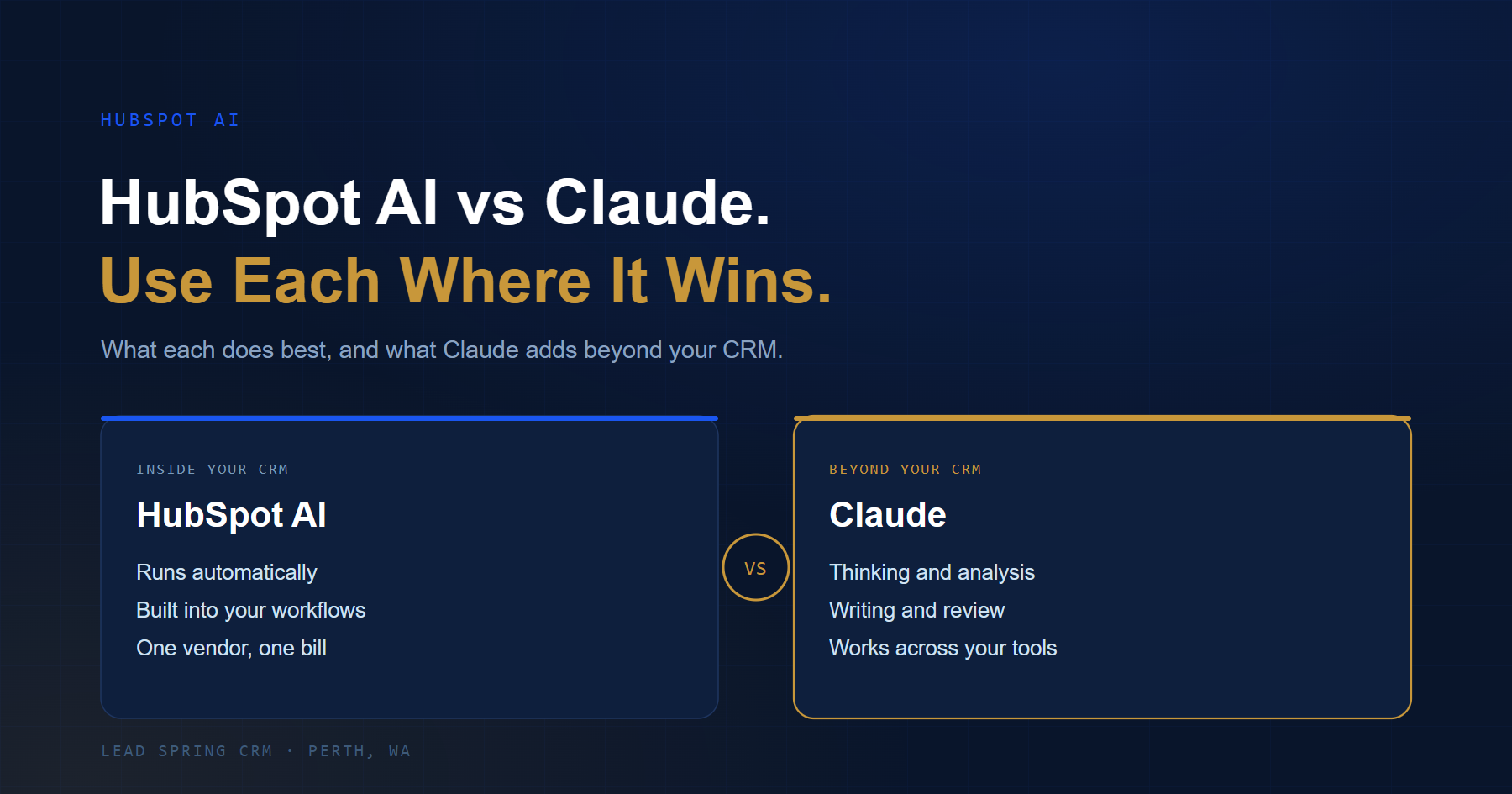 HubSpot AI and Claude compared side by side: HubSpot AI runs automatically inside your CRM, while Claude handles thinking, writing and analysis across your tools.